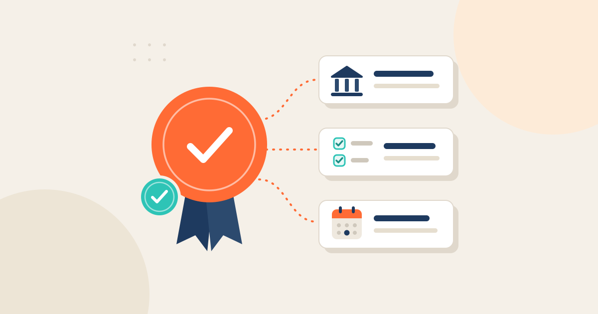 Ilustração: um badge digital ligado a cartões com os seus dados (emissor, critérios, data) e a um selo de verificação