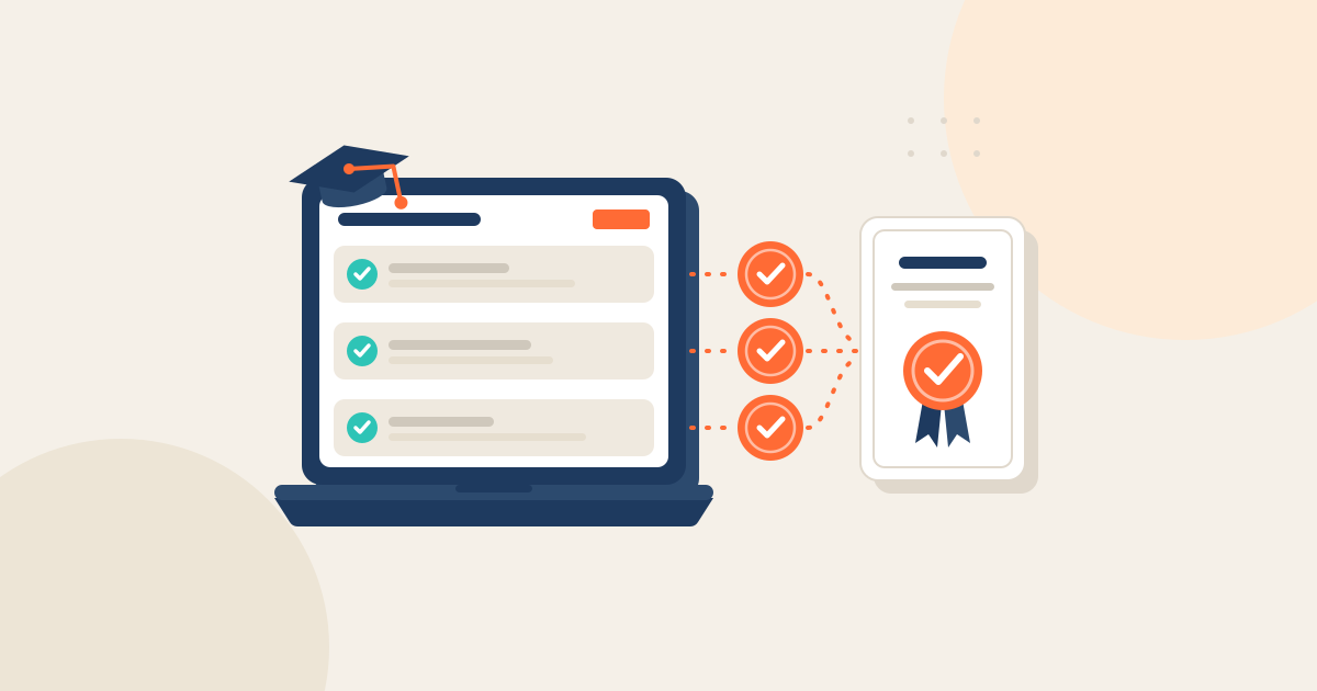 Ilustração: notebook com três módulos concluídos, um badge por módulo e um certificado de conclusão