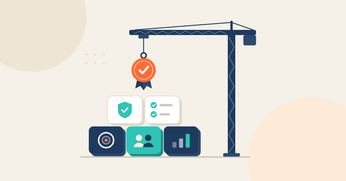 Ilustração: guindaste posiciona uma medalha digital no topo de blocos com alvo, pessoas, gráfico, escudo e checklist