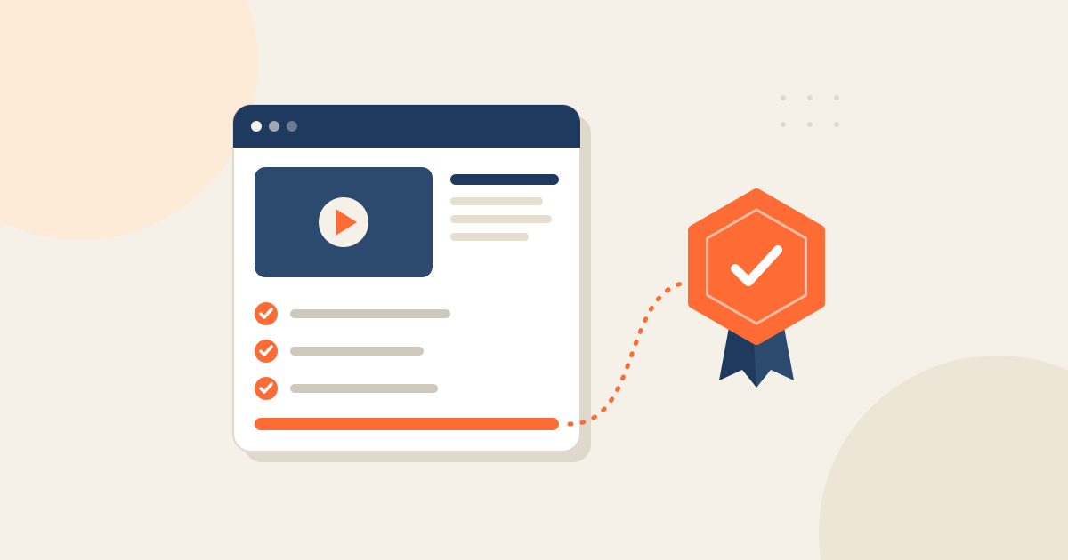 Ilustração: janela de curso online concluído conectada a um badge digital verificado