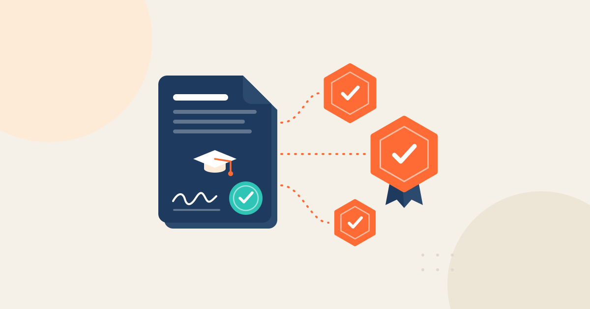 Ilustração: diploma digital com selo de assinatura ligado a três badges digitais, documentos que se complementam