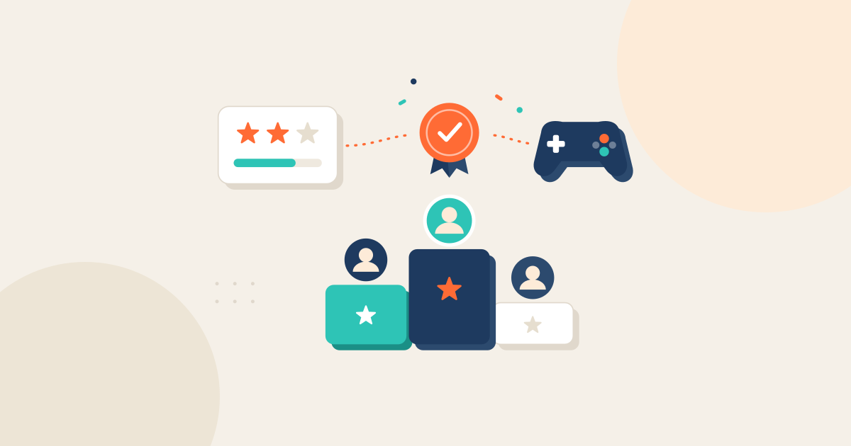 Ilustração: pódio com três alunos, estrelas de nível, controle de videogame e uma medalha digital para o vencedor