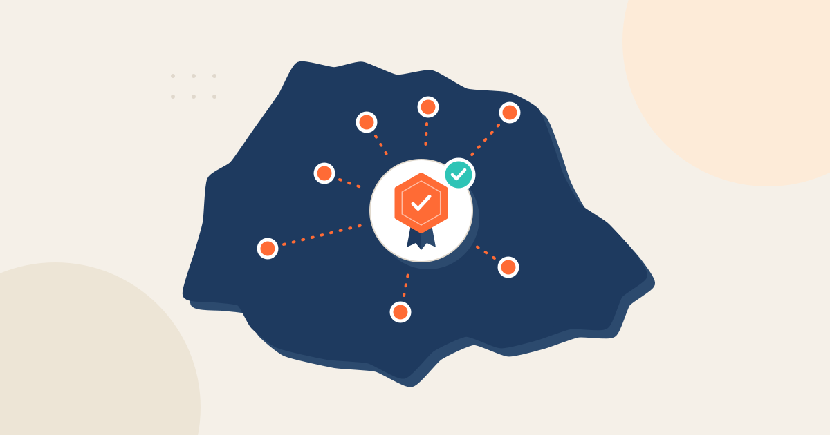 Ilustração: mapa do Paraná com sete universidades ligadas a um badge digital verificado