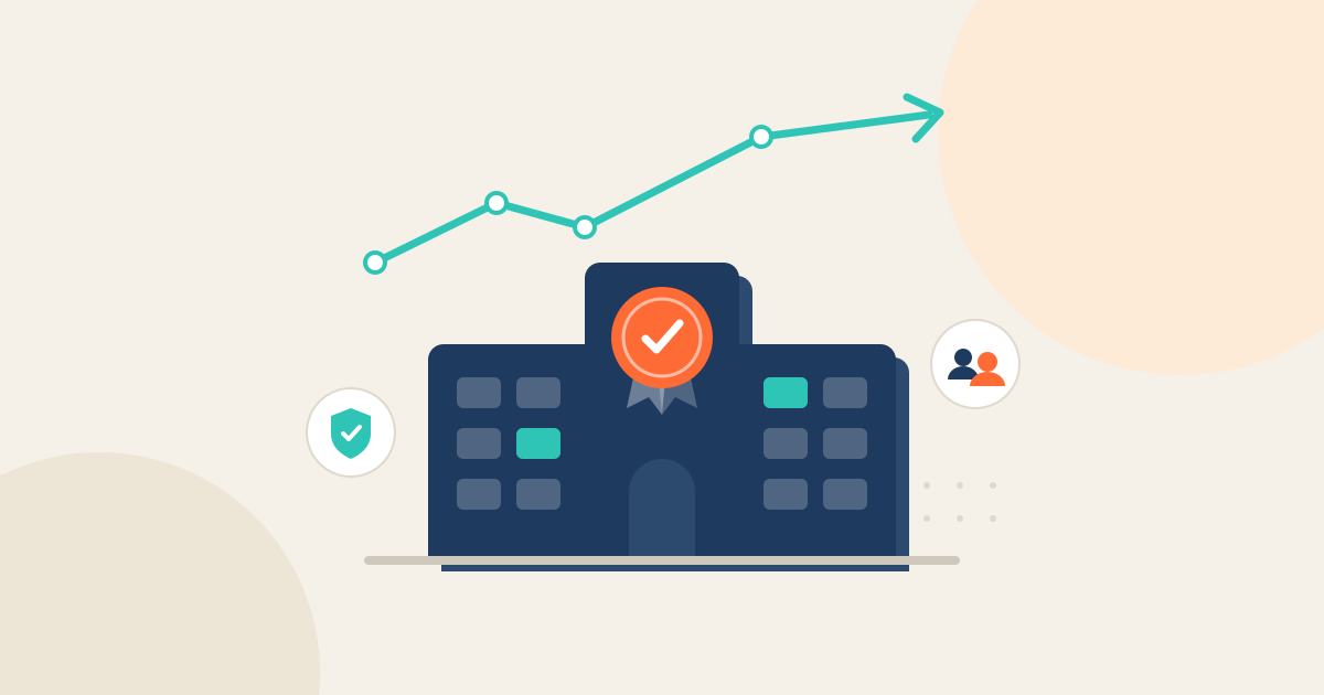 Ilustração: sede de empresa com uma medalha digital na fachada, linha de crescimento acima e ícones de confiança e equipe