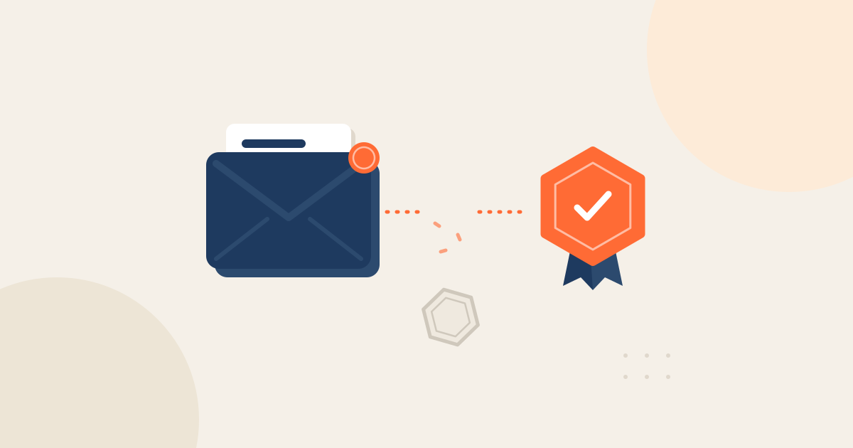 Ilustração: envelope de e-mail e badge digital ligados por uma linha pontilhada que se interrompe no meio