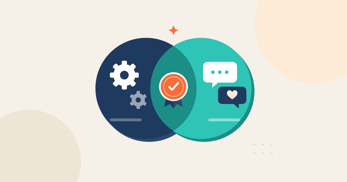 Ilustração: círculos de hard skills (engrenagens) e soft skills (balões de conversa) unidos por uma credencial no centro